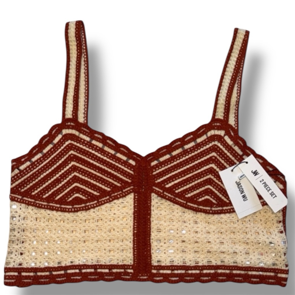 NWT Size 10 Jason Wu Red and Cream Crochet Boho Mini Crop Top Summer Festival